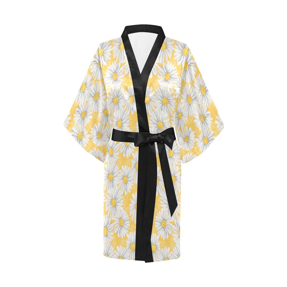 Daisy Yellow Watercolor Print Pattern Women Short Kimono Robe