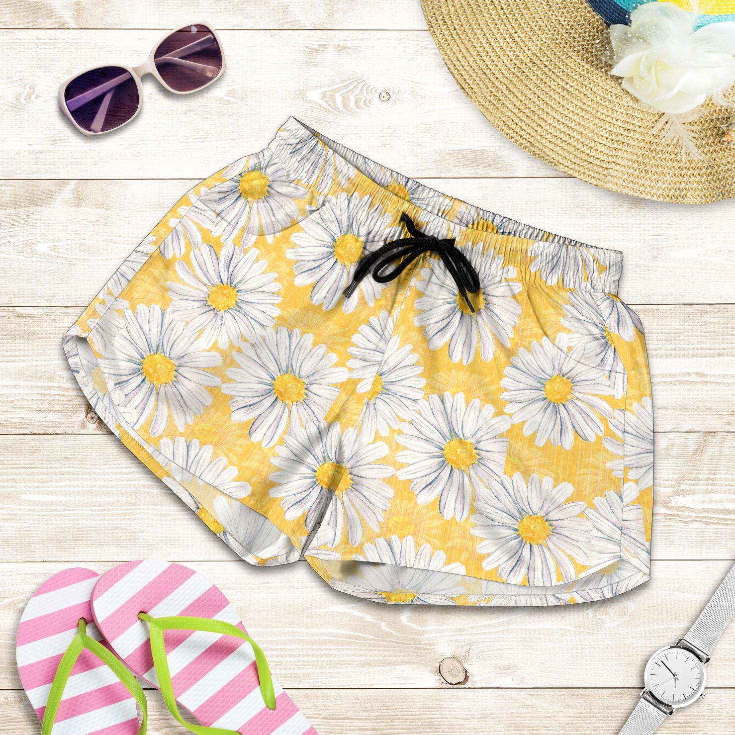 Daisy Yellow Watercolor Print Pattern Women Shorts-JTAMIGO.COM