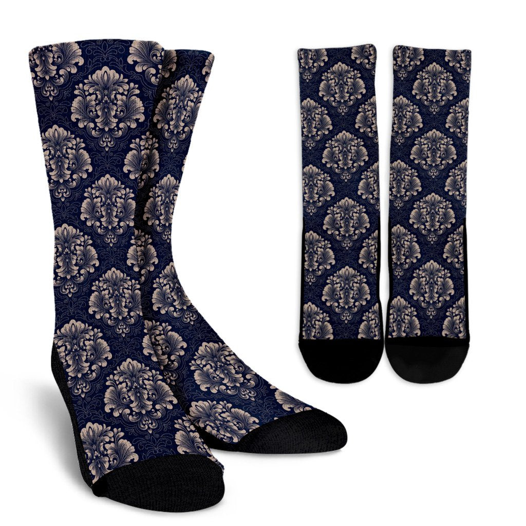 Damask Blue Luxury Print Pattern Crew Socks