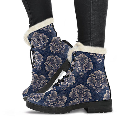 Damask Blue Luxury Print Pattern Faux Fur Leather Boots-JTAMIGO.COM