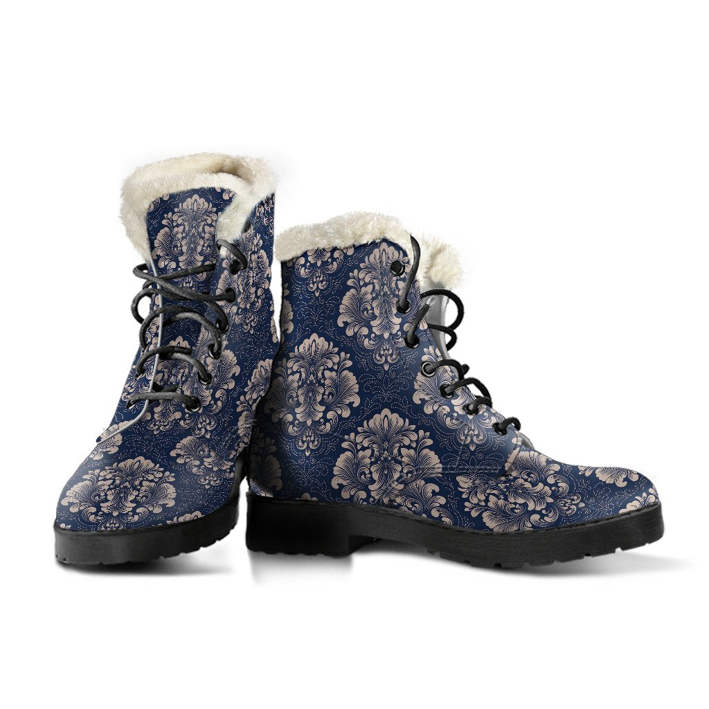 Damask Blue Luxury Print Pattern Faux Fur Leather Boots-JTAMIGO.COM