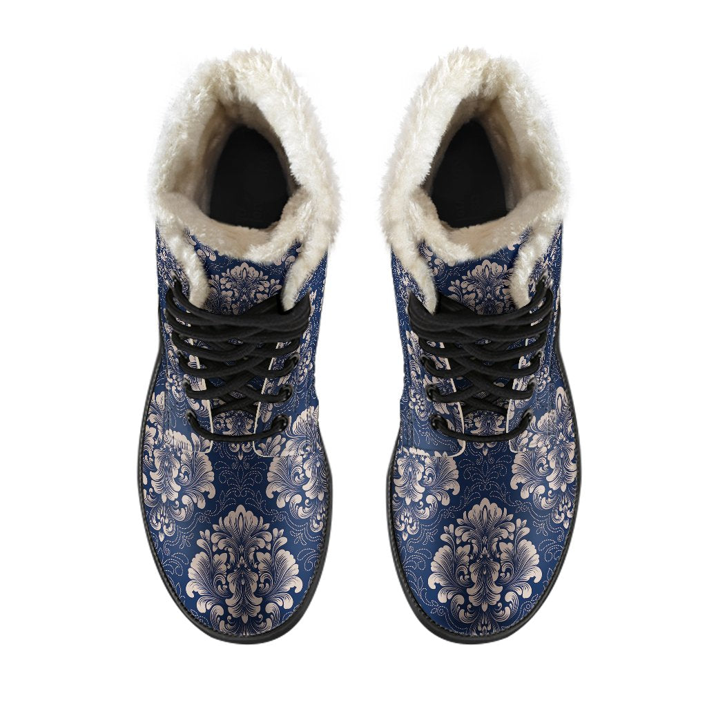 Damask Blue Luxury Print Pattern Faux Fur Leather Boots-JTAMIGO.COM
