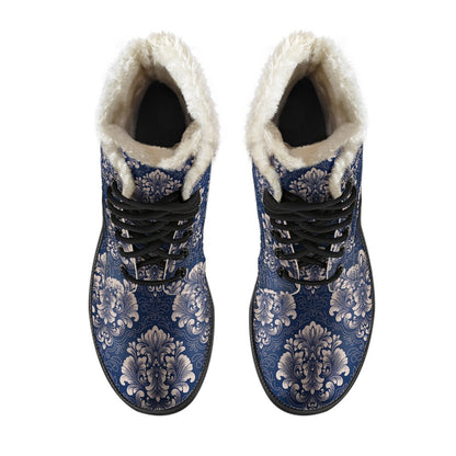 Damask Blue Luxury Print Pattern Faux Fur Leather Boots-JTAMIGO.COM