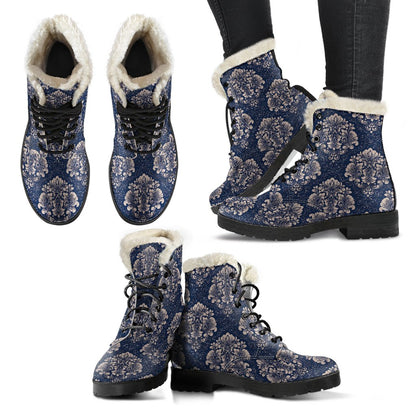 Damask Blue Luxury Print Pattern Faux Fur Leather Boots-JTAMIGO.COM
