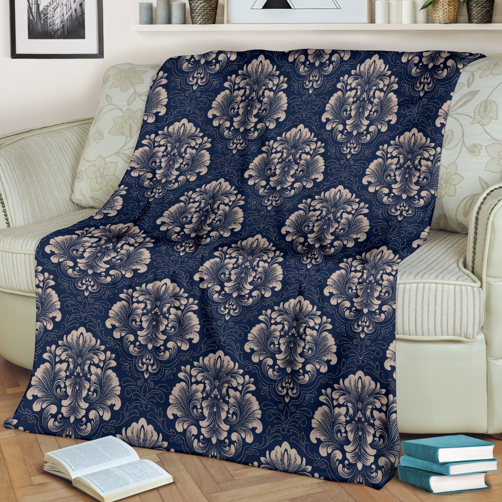 Damask Blue Luxury Print Pattern Fleece Blanket