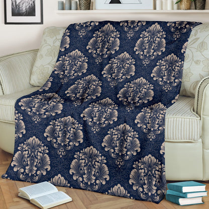 Damask Blue Luxury Print Pattern Fleece Blanket