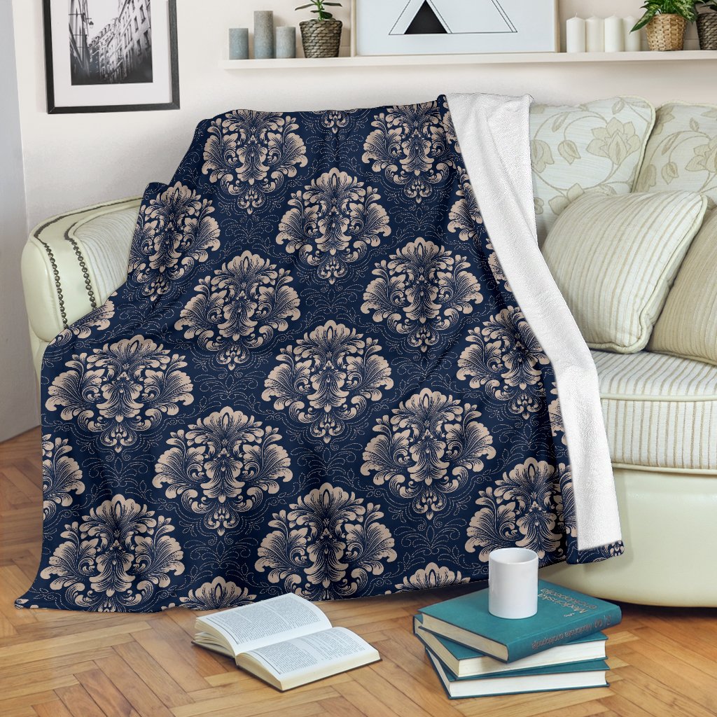 Damask Blue Luxury Print Pattern Fleece Blanket