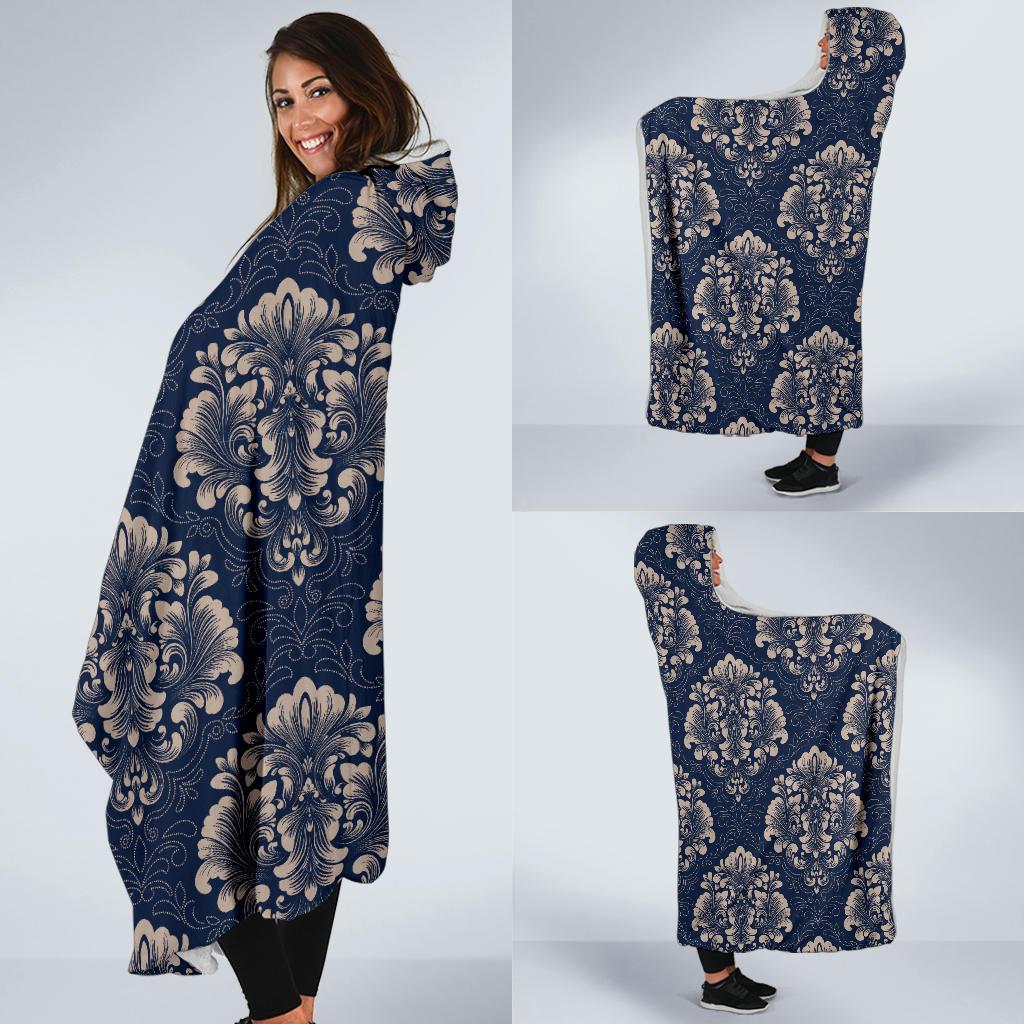 Damask Blue Luxury Print Pattern Hooded Blanket-JTAMIGO.COM