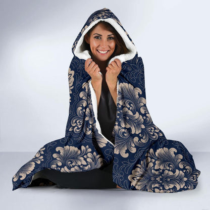 Damask Blue Luxury Print Pattern Hooded Blanket-JTAMIGO.COM