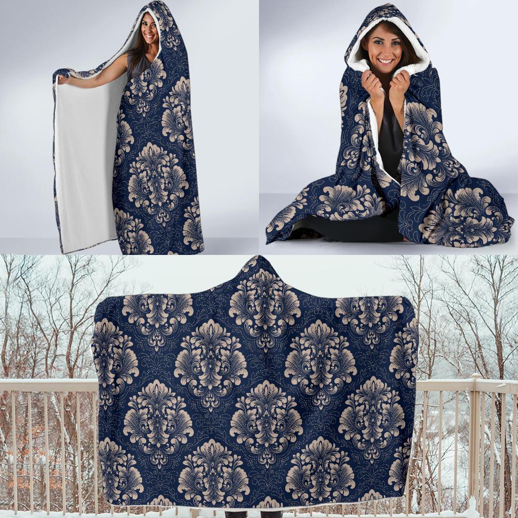Damask Blue Luxury Print Pattern Hooded Blanket-JTAMIGO.COM