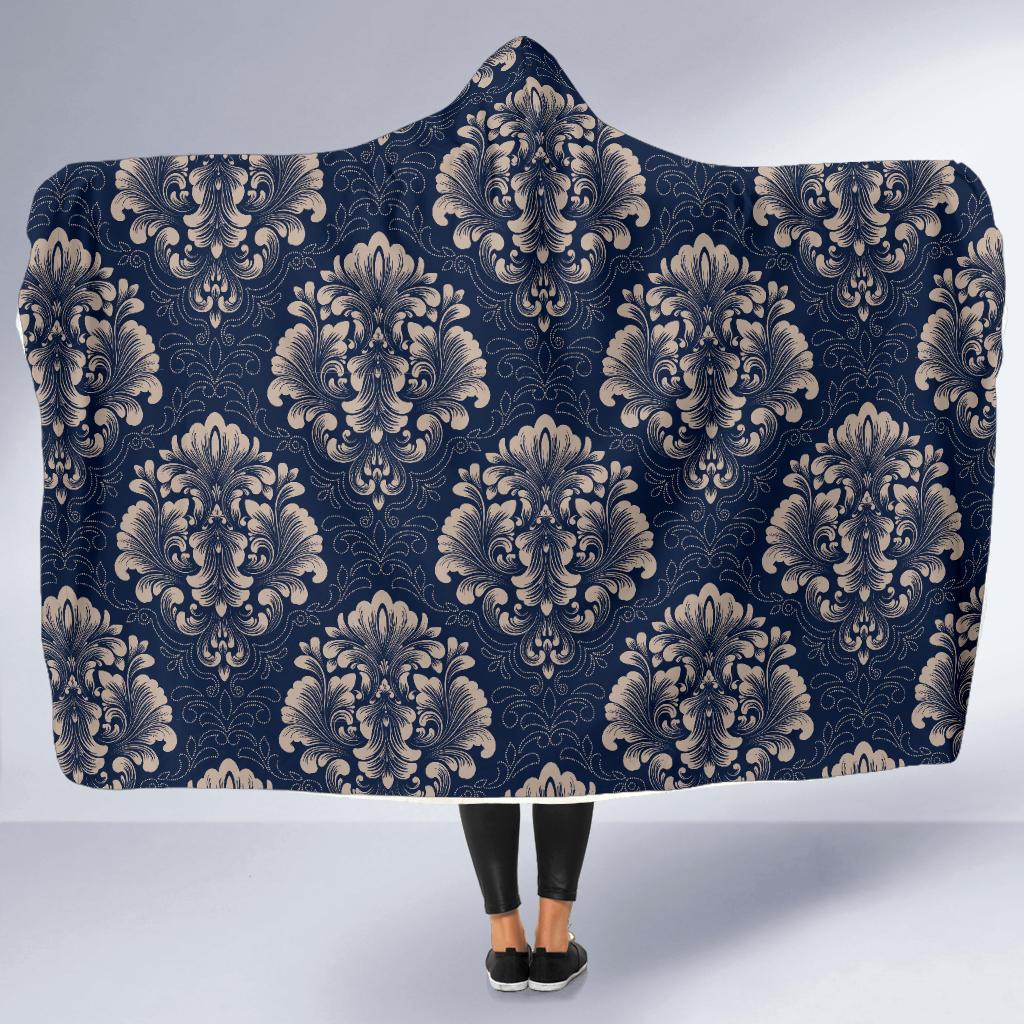 Damask Blue Luxury Print Pattern Hooded Blanket-JTAMIGO.COM