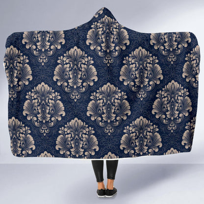 Damask Blue Luxury Print Pattern Hooded Blanket-JTAMIGO.COM
