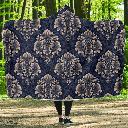 Damask Blue Luxury Print Pattern Hooded Blanket-JTAMIGO.COM