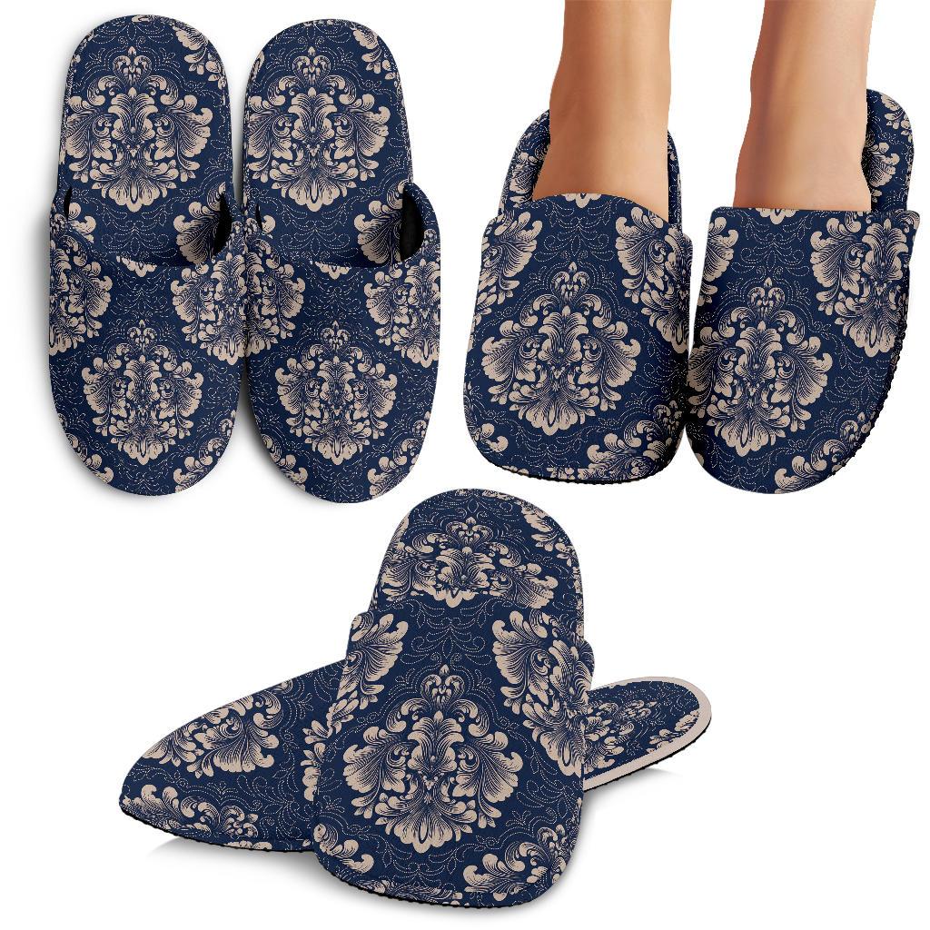 Damask Blue Luxury Print Pattern House Slippers