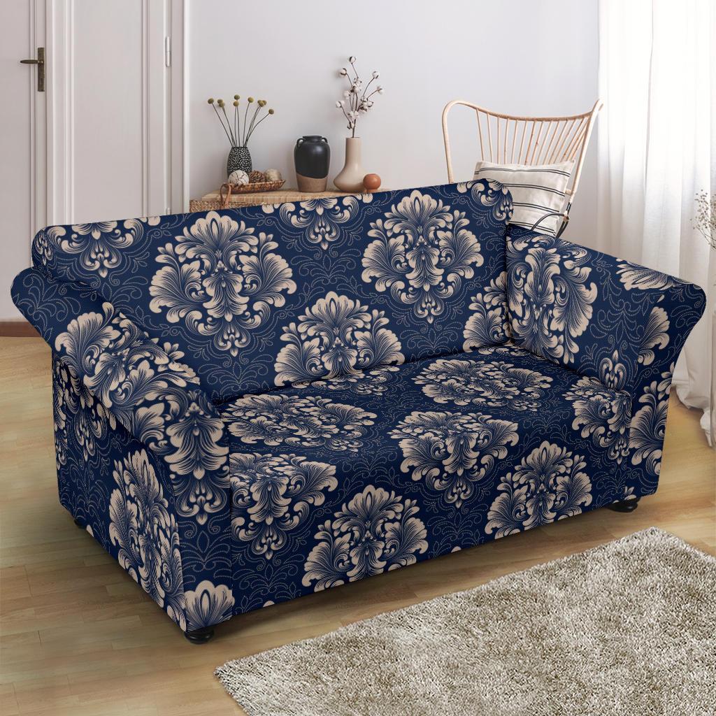 Damask Blue Luxury Print Pattern Loveseat Slipcover-JTAMIGO.COM