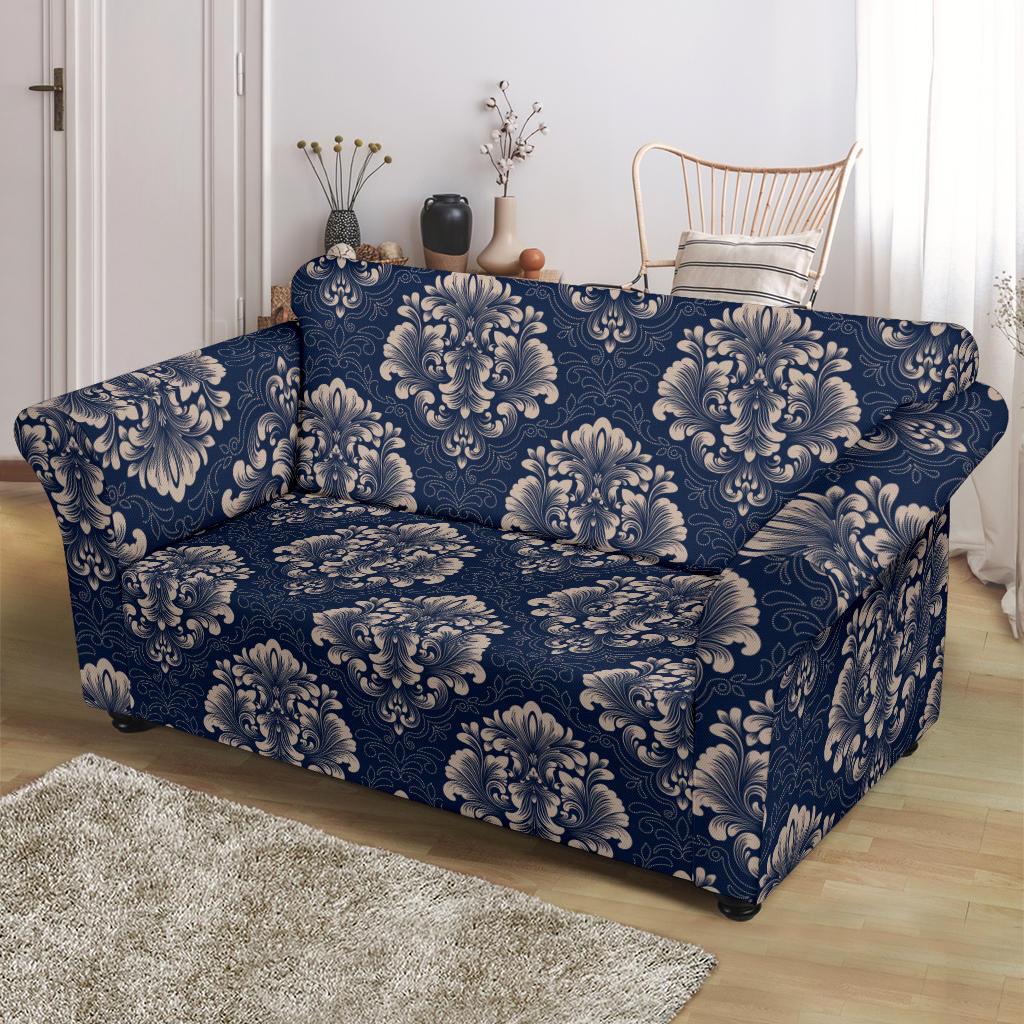 Damask Blue Luxury Print Pattern Loveseat Slipcover-JTAMIGO.COM