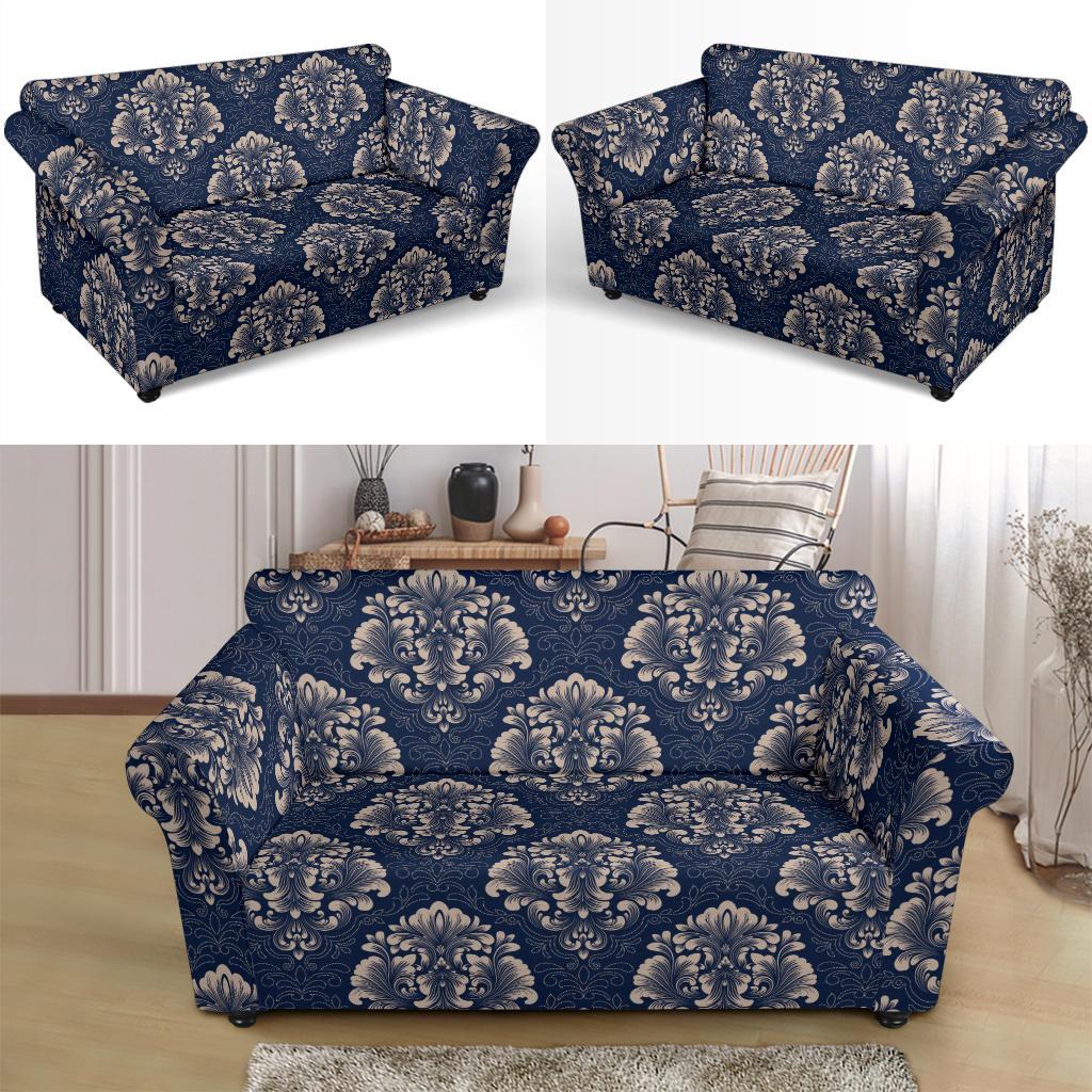 Damask Blue Luxury Print Pattern Loveseat Slipcover-JTAMIGO.COM