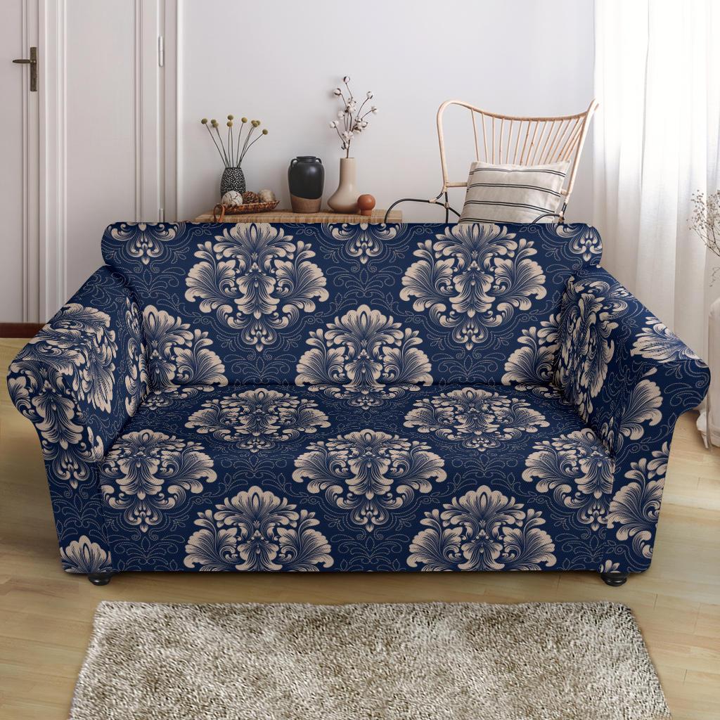 Damask Blue Luxury Print Pattern Loveseat Slipcover-JTAMIGO.COM