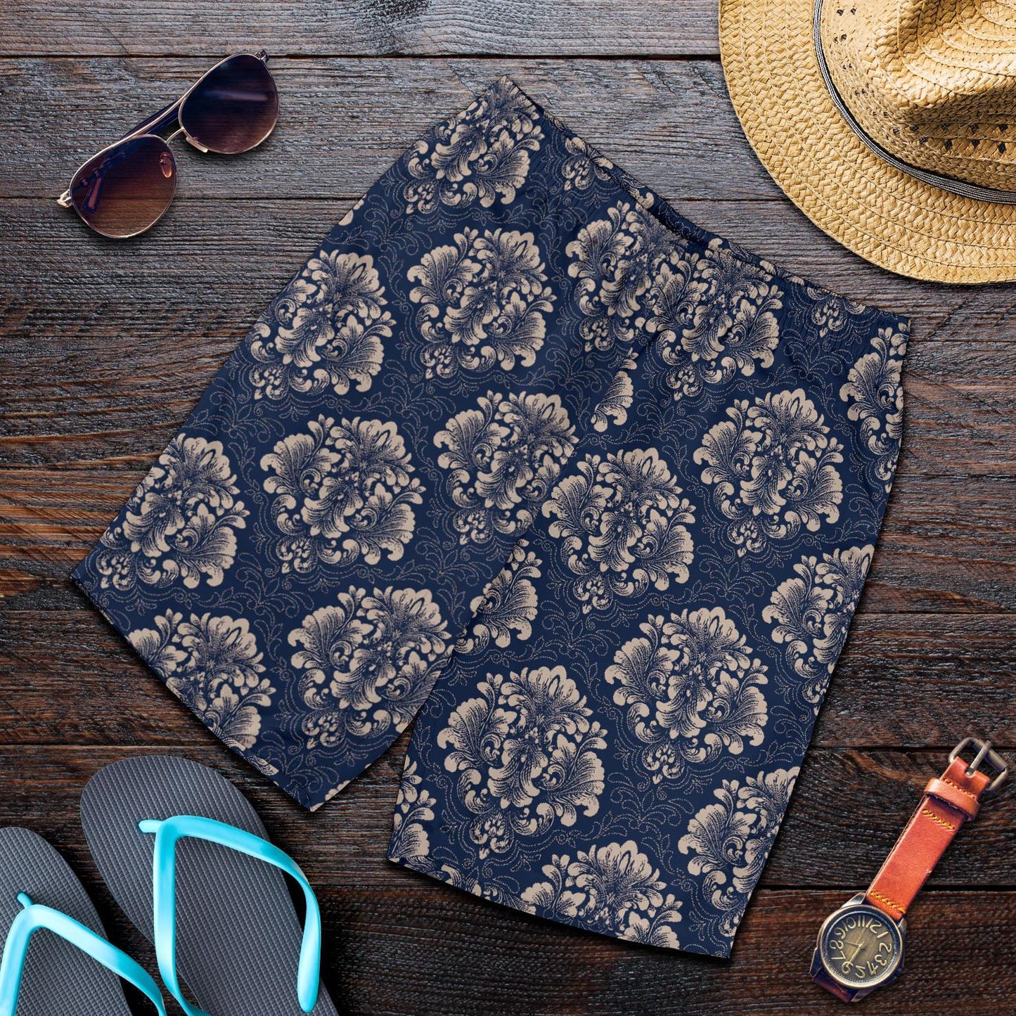 Damask Blue Luxury Print Pattern Mens Shorts-JTAMIGO.COM