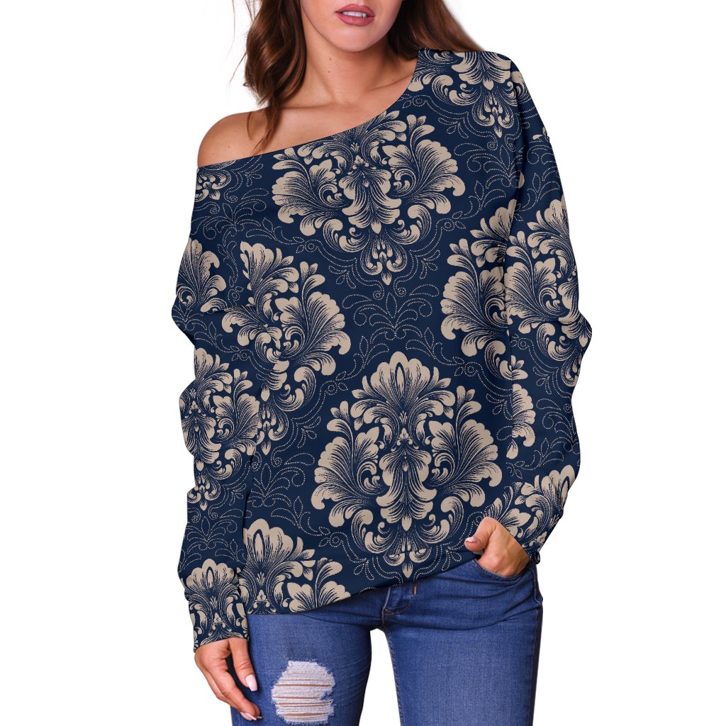 Damask Blue Luxury Print Pattern Off Shoulder Sweatshirt