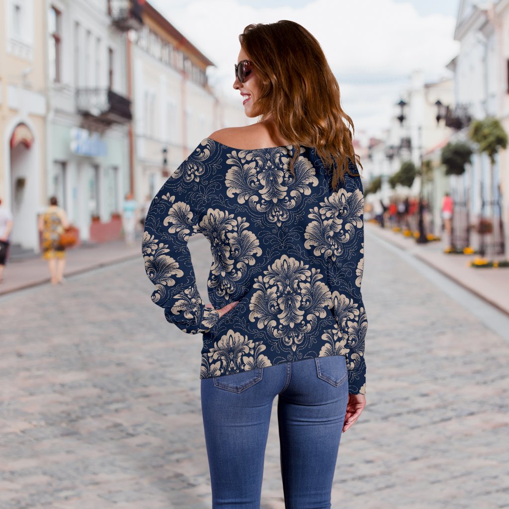 Damask Blue Luxury Print Pattern Off Shoulder Sweatshirt