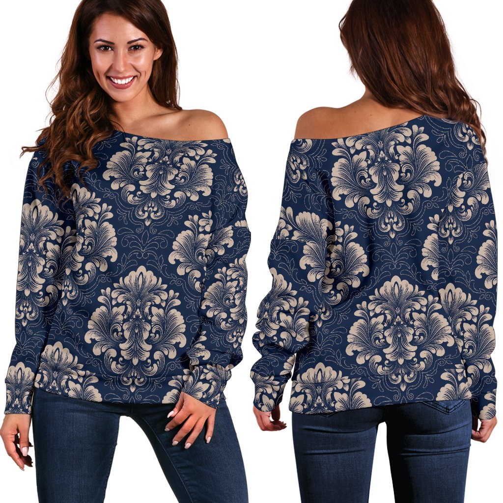 Damask Blue Luxury Print Pattern Off Shoulder Sweatshirt