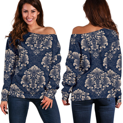 Damask Blue Luxury Print Pattern Off Shoulder Sweatshirt