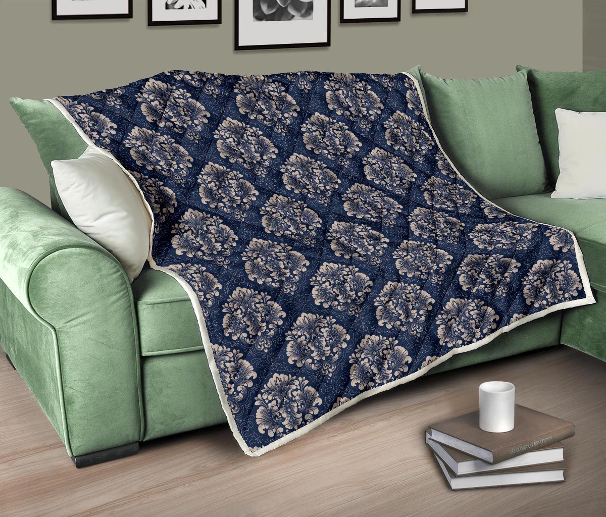 Damask Blue Luxury Print Pattern Premium Quilt-JTAMIGO.COM