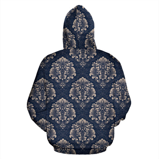 Damask Blue Luxury Print Pattern Pullover Hoodie