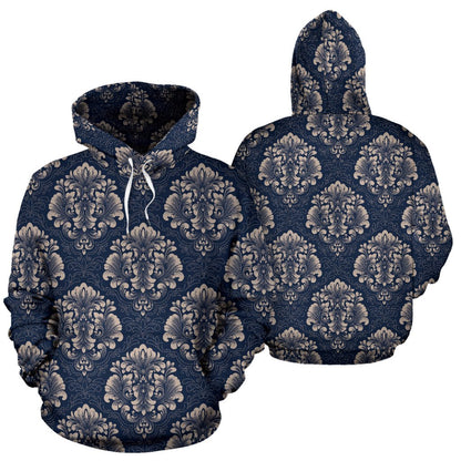 Damask Blue Luxury Print Pattern Pullover Hoodie