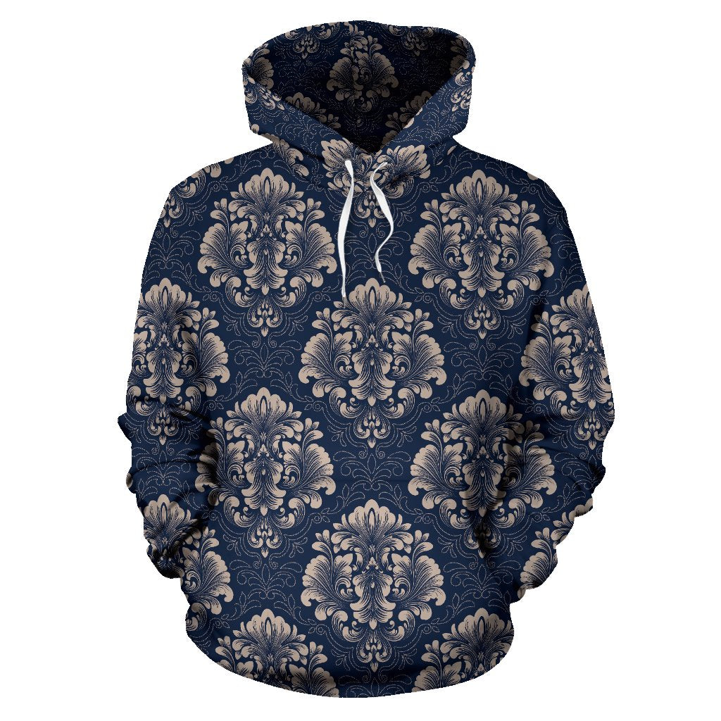 Damask Blue Luxury Print Pattern Pullover Hoodie
