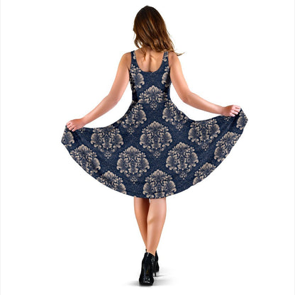 Damask Blue Luxury Print Pattern Sleeveless Dress