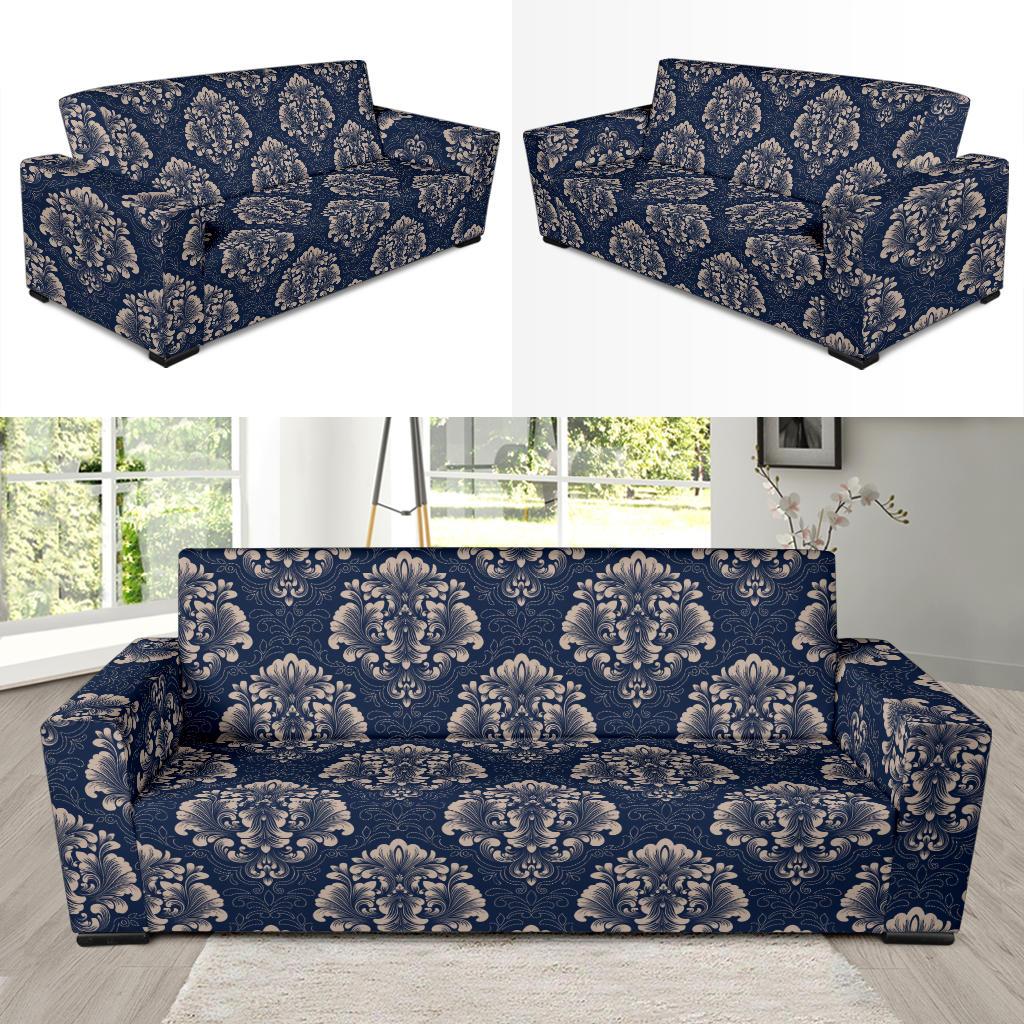 Damask Blue Luxury Print Pattern Sofa Slipcover-JTAMIGO.COM