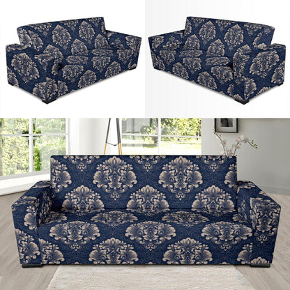 Damask Blue Luxury Print Pattern Sofa Slipcover-JTAMIGO.COM