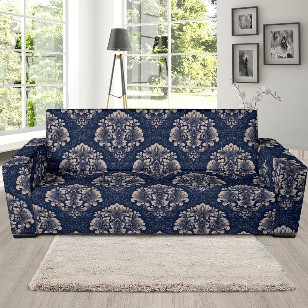 Damask Blue Luxury Print Pattern Sofa Slipcover-JTAMIGO.COM