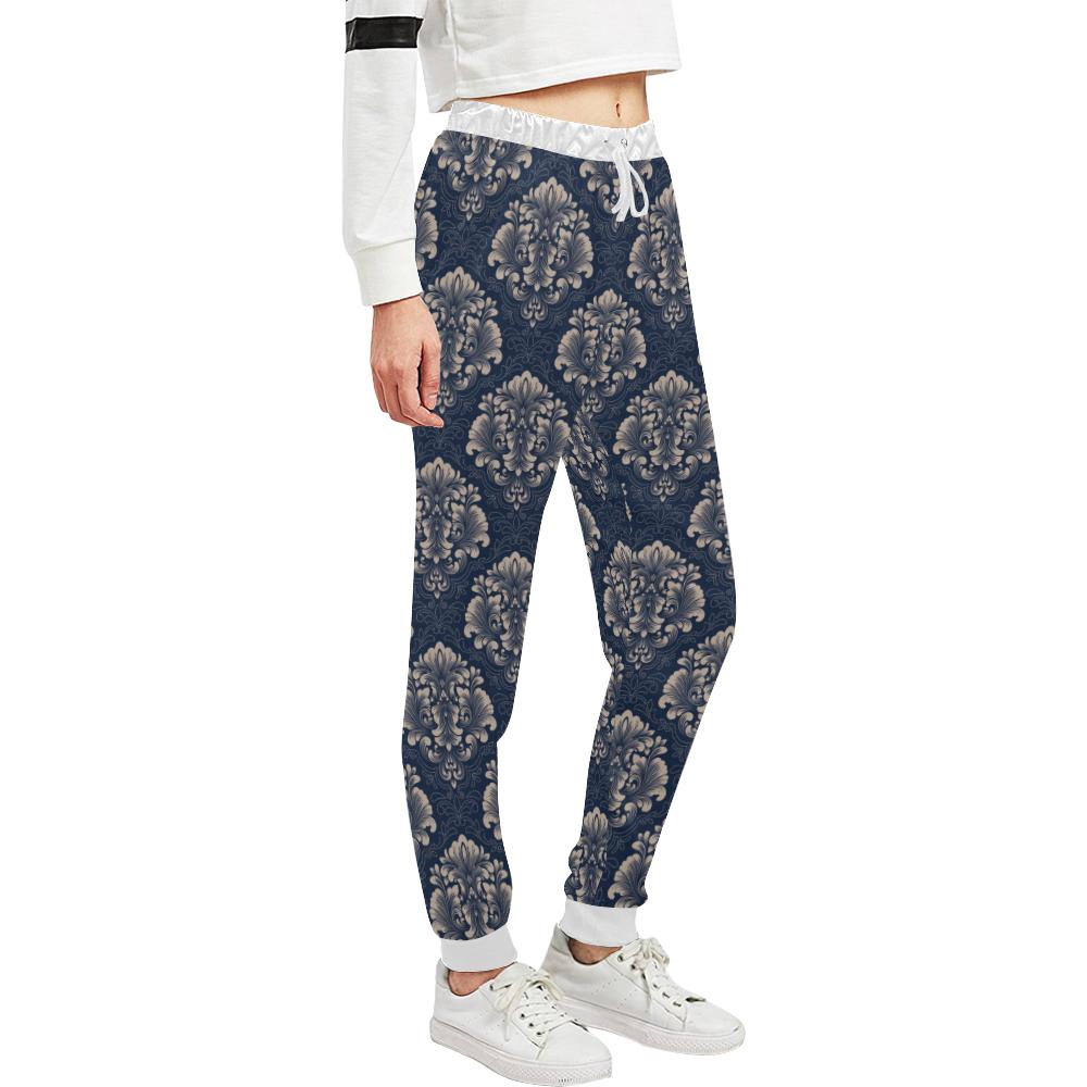 Damask Blue Luxury Print Pattern Unisex Casual Sweatpants (Model L11)-JTAMIGO.COM