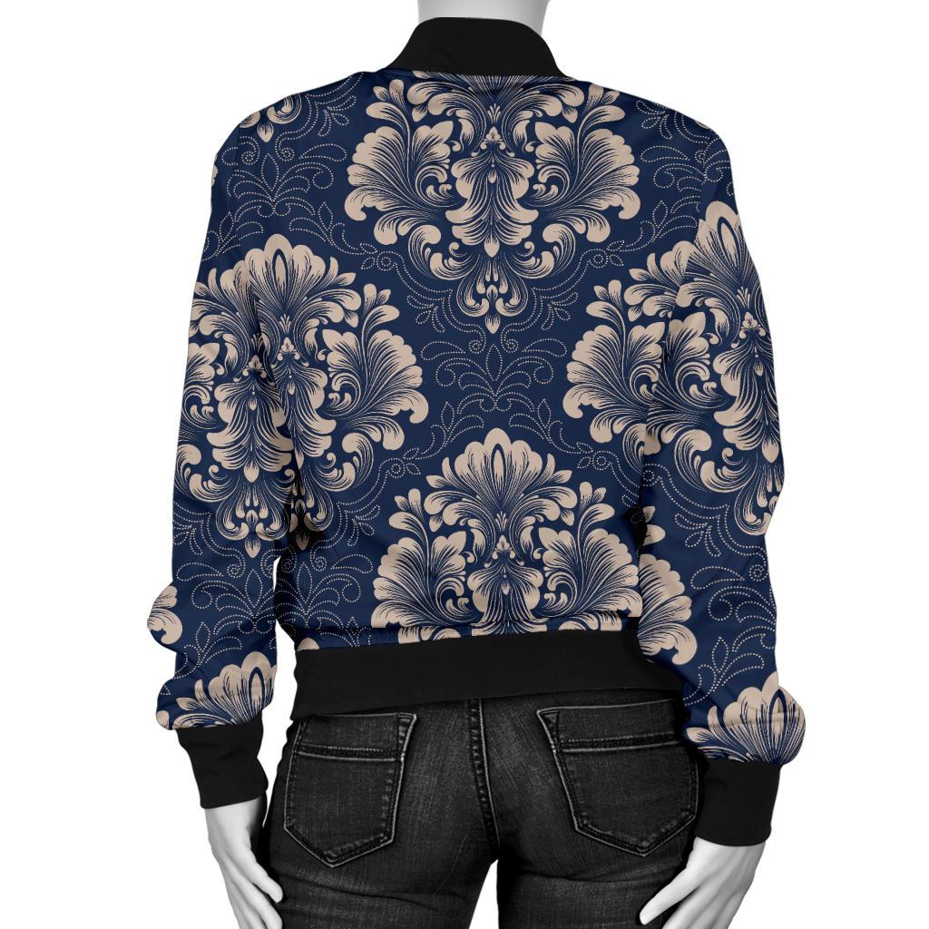 Damask Blue Luxury Print Pattern Women Casual Bomber Jacket