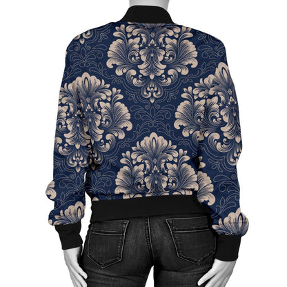 Damask Blue Luxury Print Pattern Women Casual Bomber Jacket