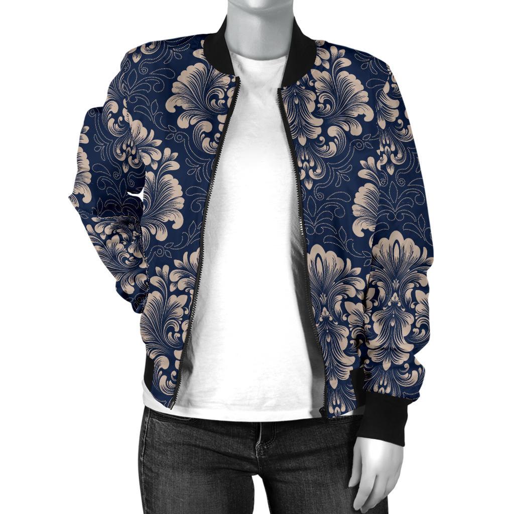 Damask Blue Luxury Print Pattern Women Casual Bomber Jacket