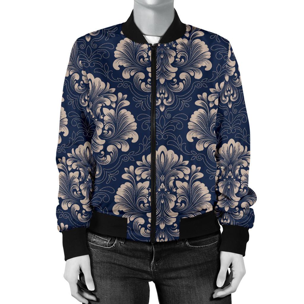Damask Blue Luxury Print Pattern Women Casual Bomber Jacket