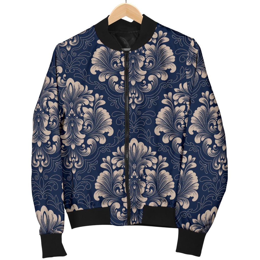 Damask Blue Luxury Print Pattern Women Casual Bomber Jacket