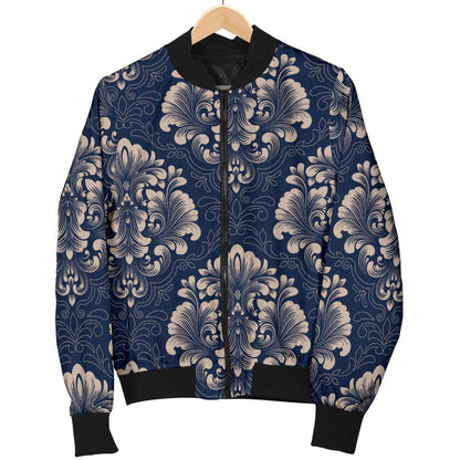 Damask Blue Luxury Print Pattern Women Casual Bomber Jacket
