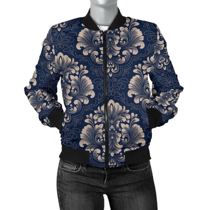 Damask Blue Luxury Print Pattern Women Casual Bomber Jacket