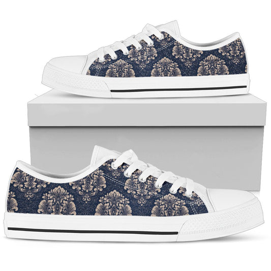 Damask Blue Luxury Print Pattern Women Low Top Shoes