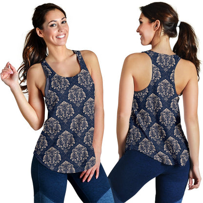 Damask Blue Luxury Print Pattern Women Racerback Tank Top