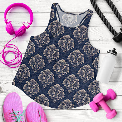 Damask Blue Luxury Print Pattern Women Racerback Tank Top