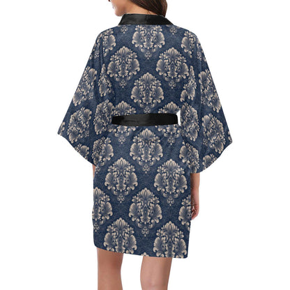 Damask Blue Luxury Print Pattern Women Short Kimono Robe
