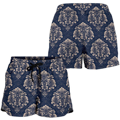 Damask Blue Luxury Print Pattern Women Shorts-JTAMIGO.COM
