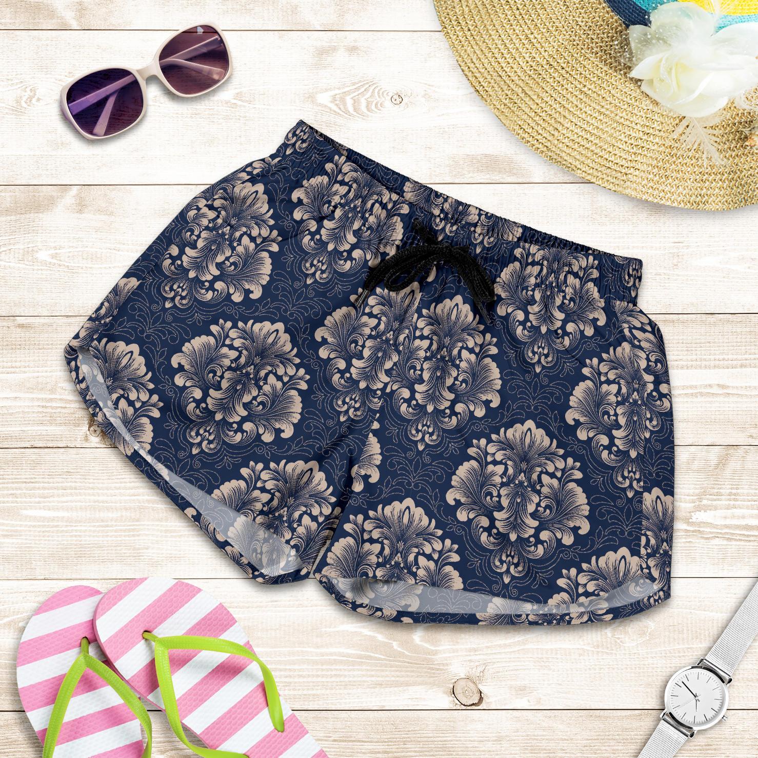 Damask Blue Luxury Print Pattern Women Shorts-JTAMIGO.COM
