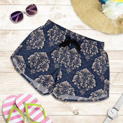 Damask Blue Luxury Print Pattern Women Shorts-JTAMIGO.COM
